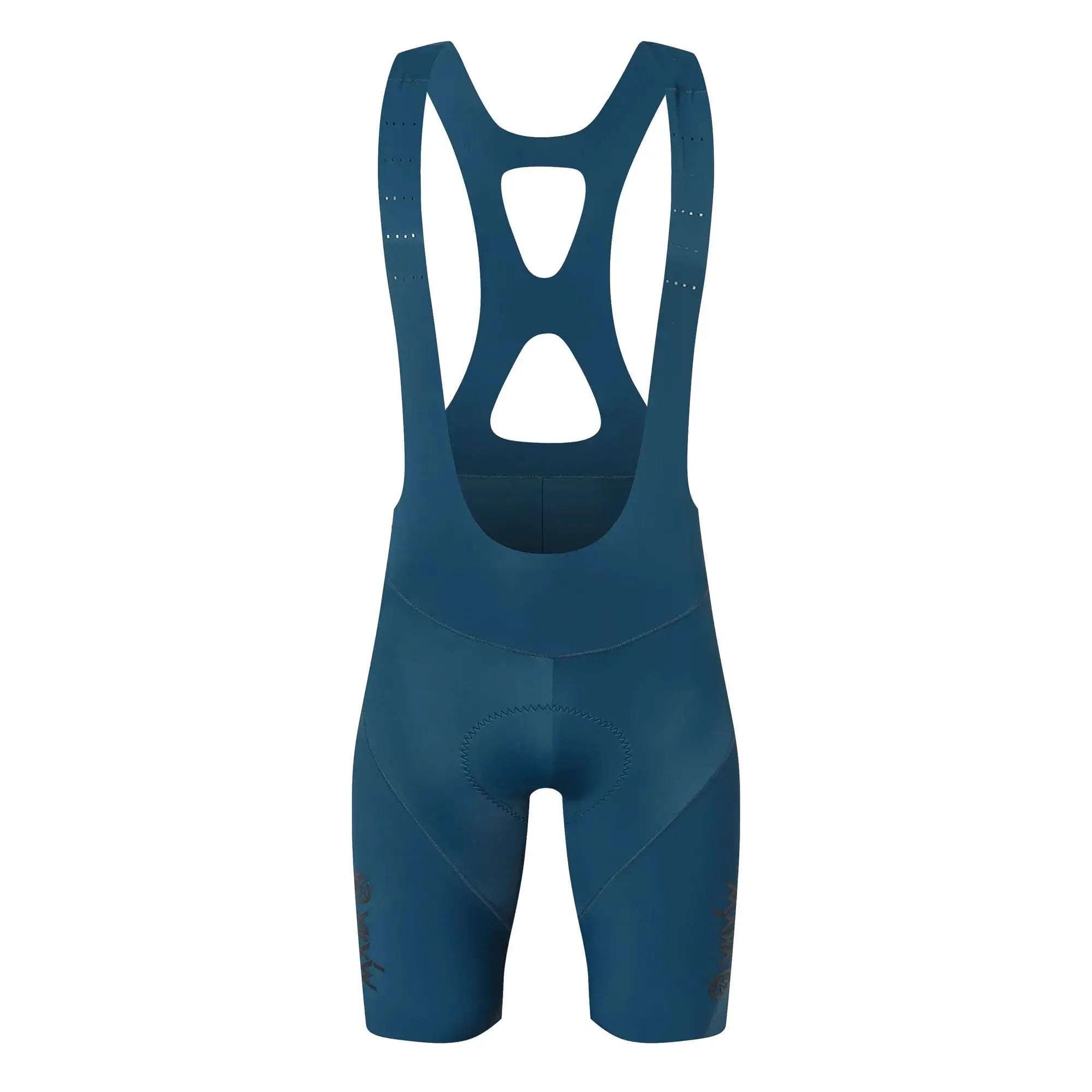 Men's blue cycling bib shorts with padded chamois and back-strap design.