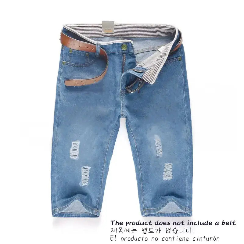 Simples Market men's distressed blue denim pants, knee-length casual style, belt not included