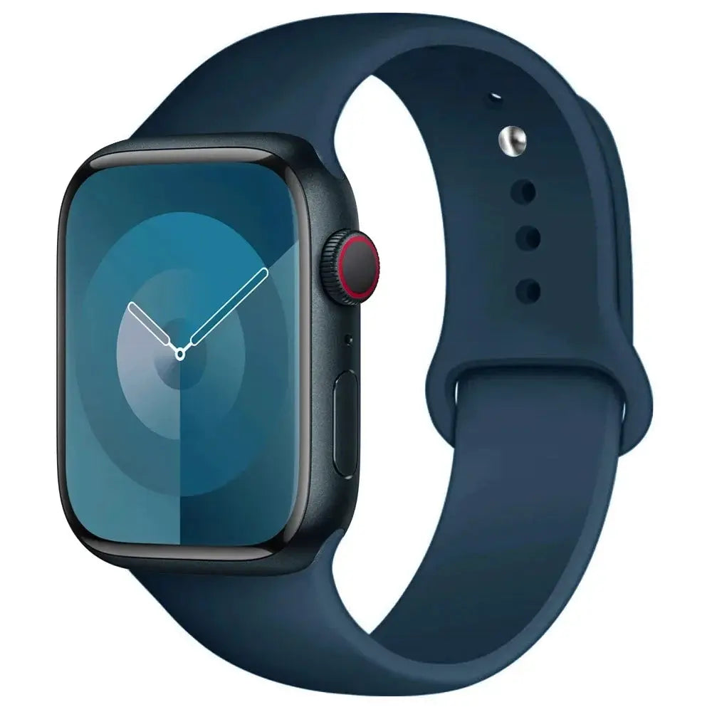 Simples Market silicone Apple Watch band in navy blue, fits 38–45mm and 49mm Ultra models.