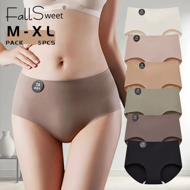 5 PCS seamless mulberry silk panties pack; Fallsweet beige/neutral tones, ultra-thin, high-elastic, soft breathable underwear