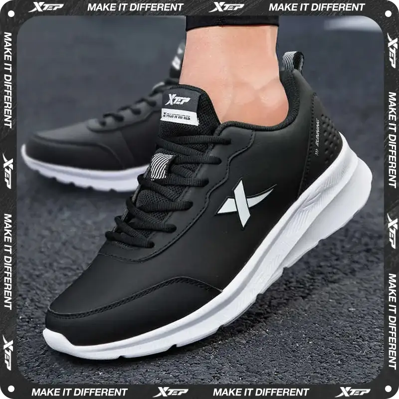 Xtep men's black leather waterproof running shoes with white cushioned sole