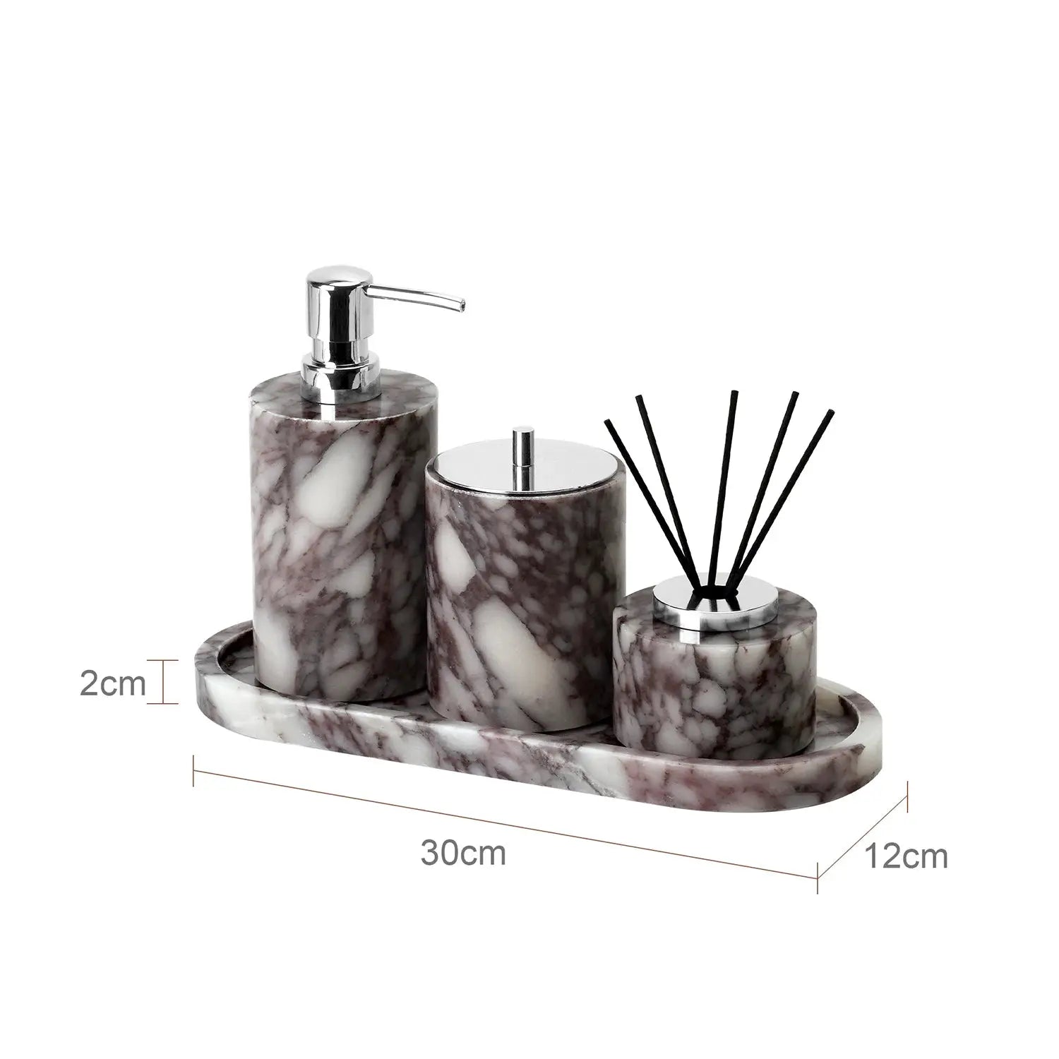 Three-piece Calacatta Viola marble bathroom set with soap dispenser, cotton swabs jar, and diffuser on a matching tray.