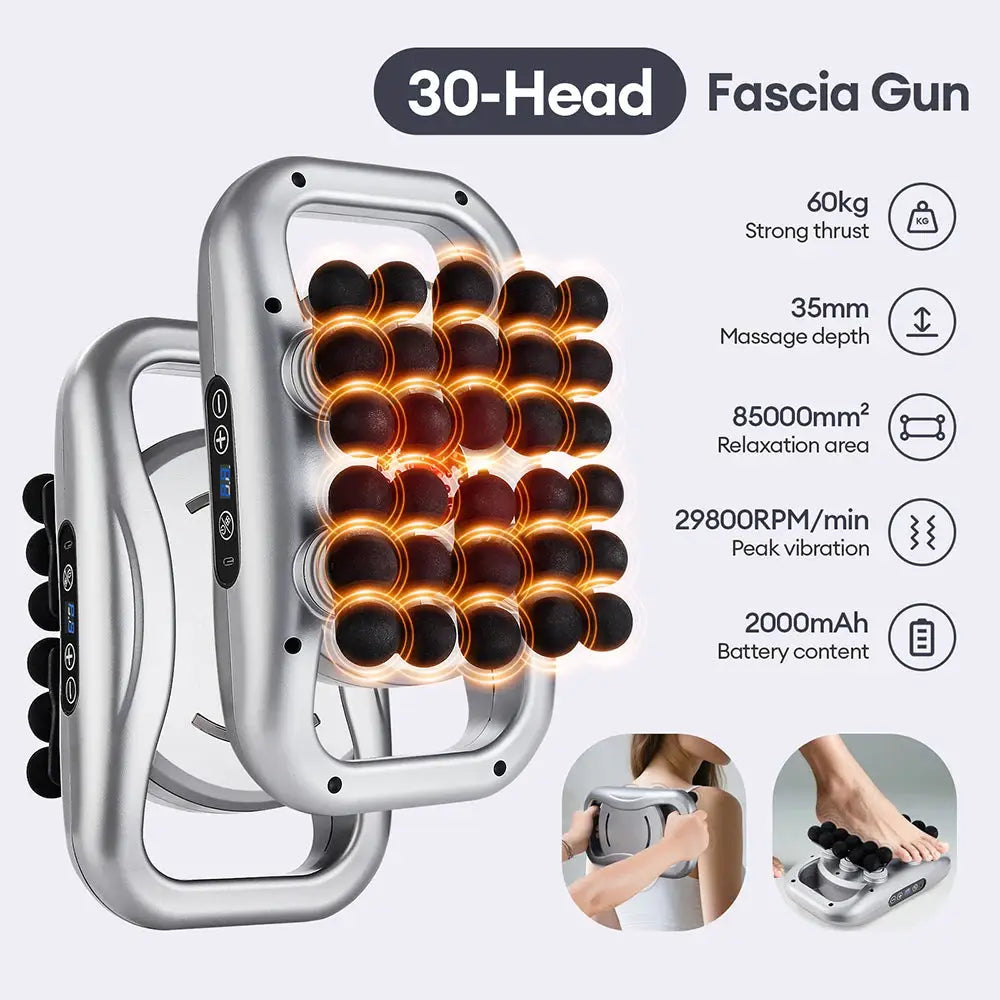30-Head Fascia Gun by Simples Market; silver body with 30 black massage heads for full-body high-frequency vibration.