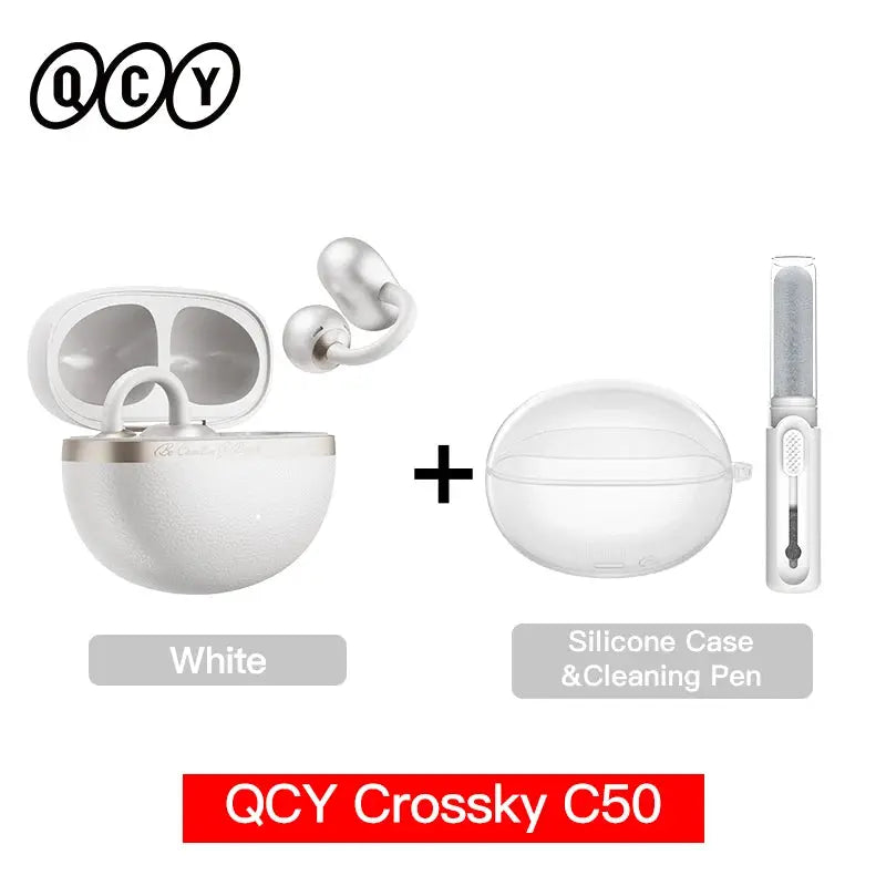 QCY Crossky C50 open-ear wireless earbuds, white with silicone case and cleaning pen