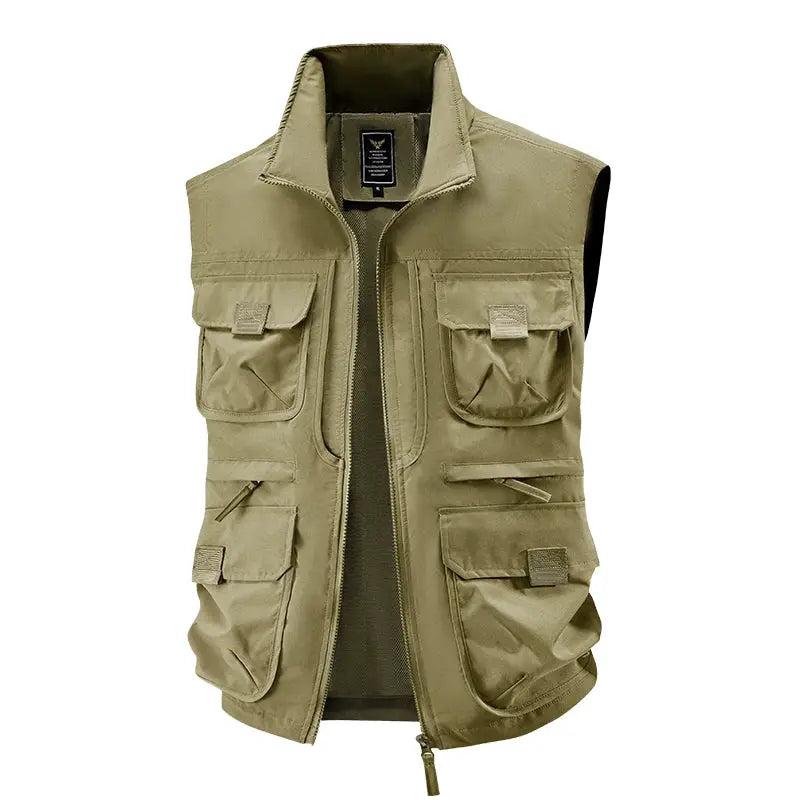 Men's outdoor multi-pocket vest, khaki, breathable quick-drying, vertical collar, cargo pockets.