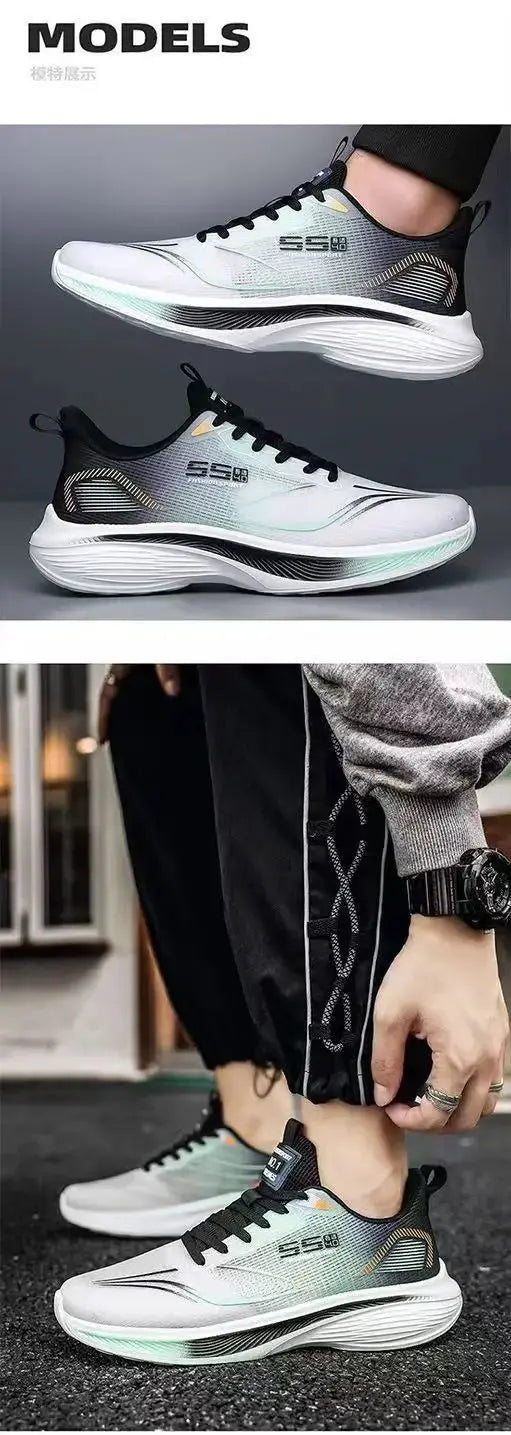 Men's breathable mesh sneakers; lightweight casual running shoes with non-slip sole, white-gray with mint accents