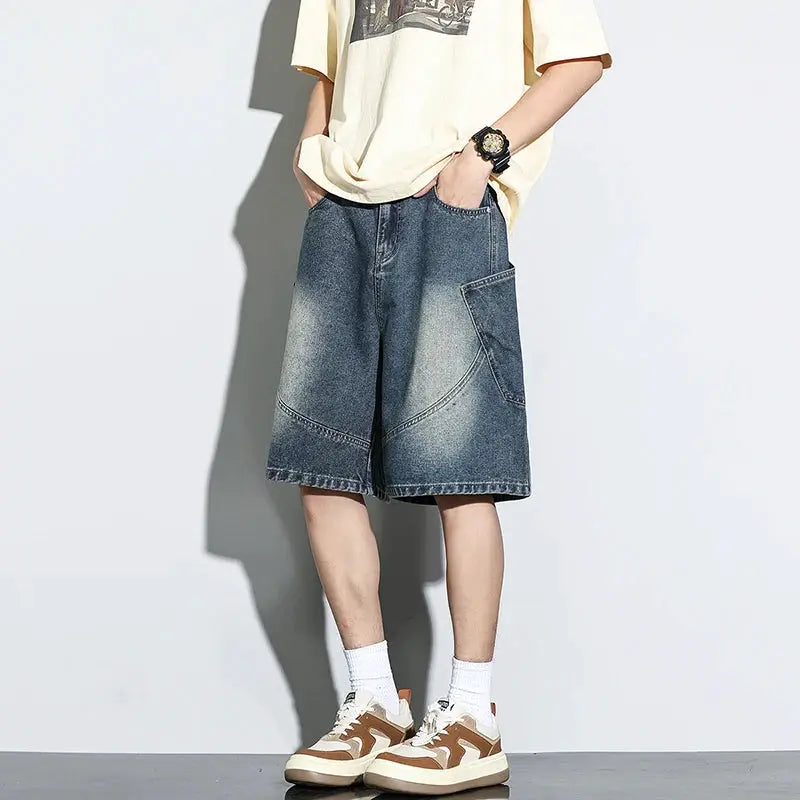 Men's baggy denim shorts by Simples Market, vintage-wash blue, knee-length casual straight fit