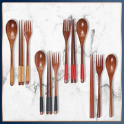 ZenWood Japanese Style Three Piece Wooden Cutlery Set With Chopsticks Fork Spoon Hygienic Safe Easy To Use
