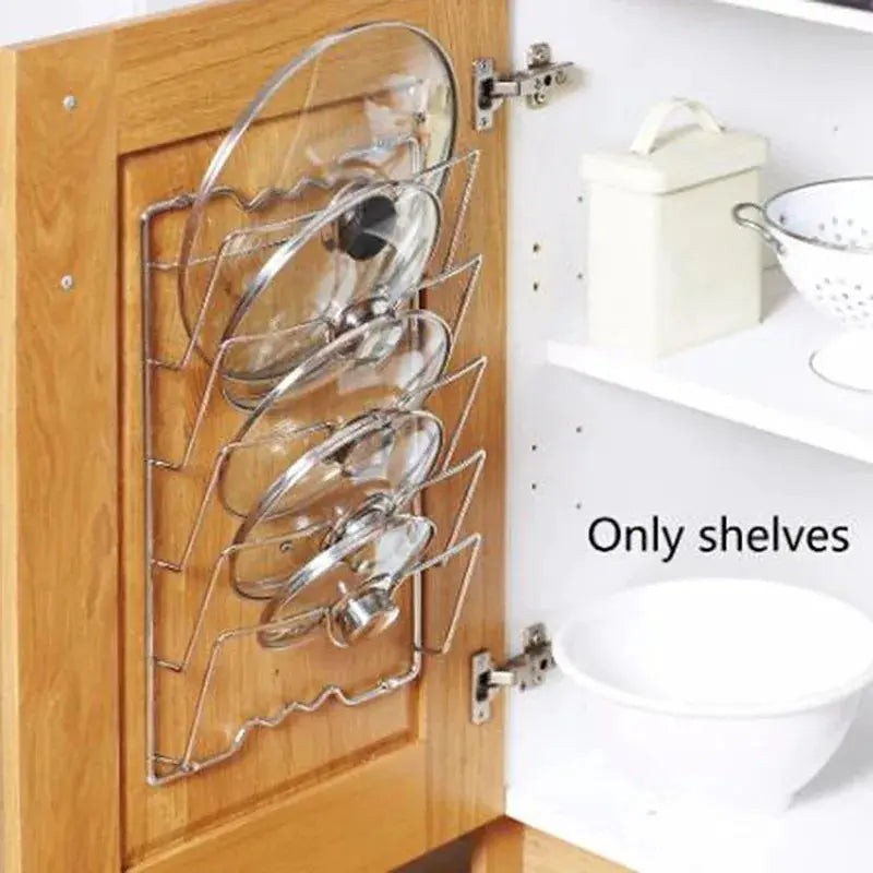 Simples Market pot lid rack, five-layer metal rust-free wall organizer for lids on a wooden cabinet door