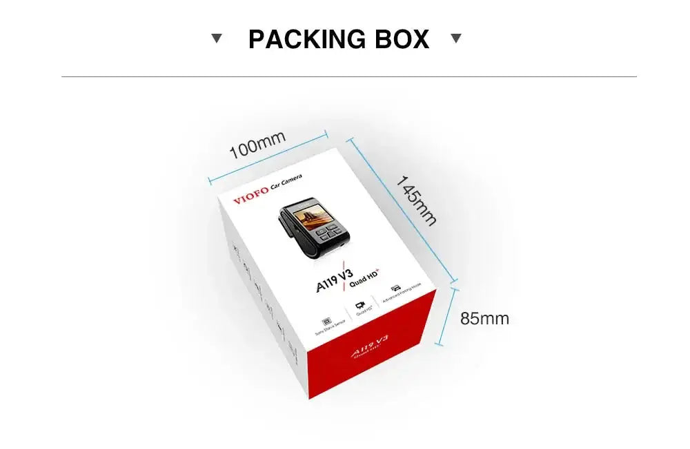 VIOFO A119 V3 car dash camera box with dimensions 145x100x85mm