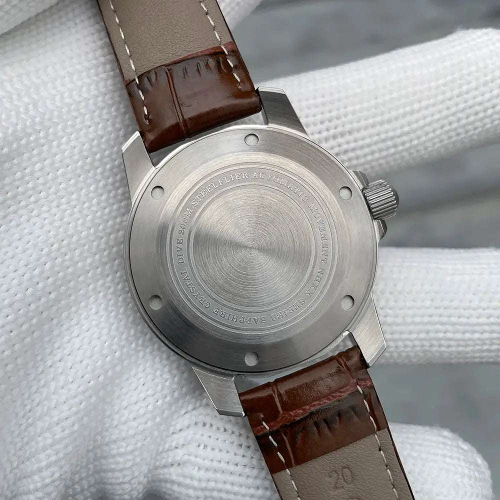 STEELFLIER SF783 NH35 automatic dive watch with brown leather strap and stainless steel case back
