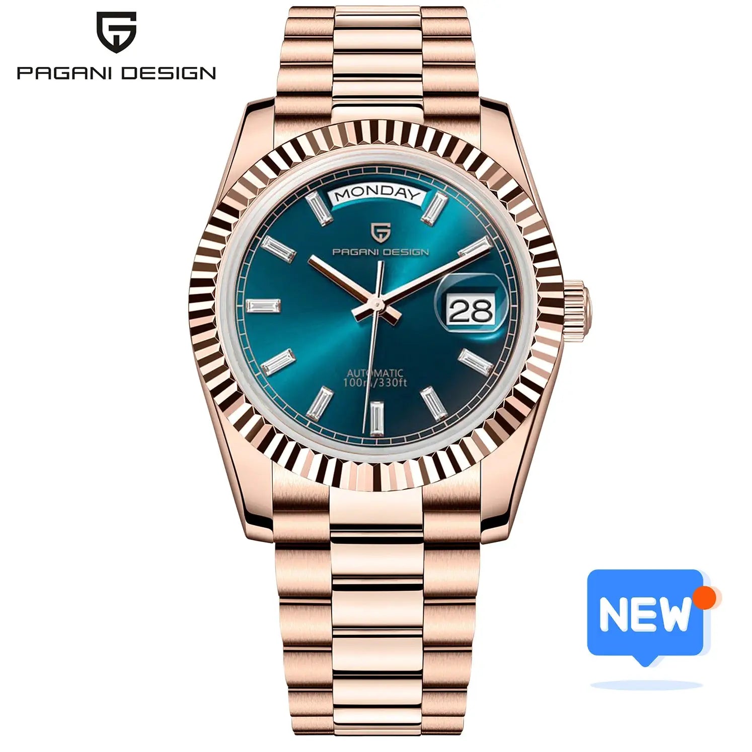 Pagani Design DD36 men's automatic watch; rose-gold stainless steel bracelet with teal dial and day-date display