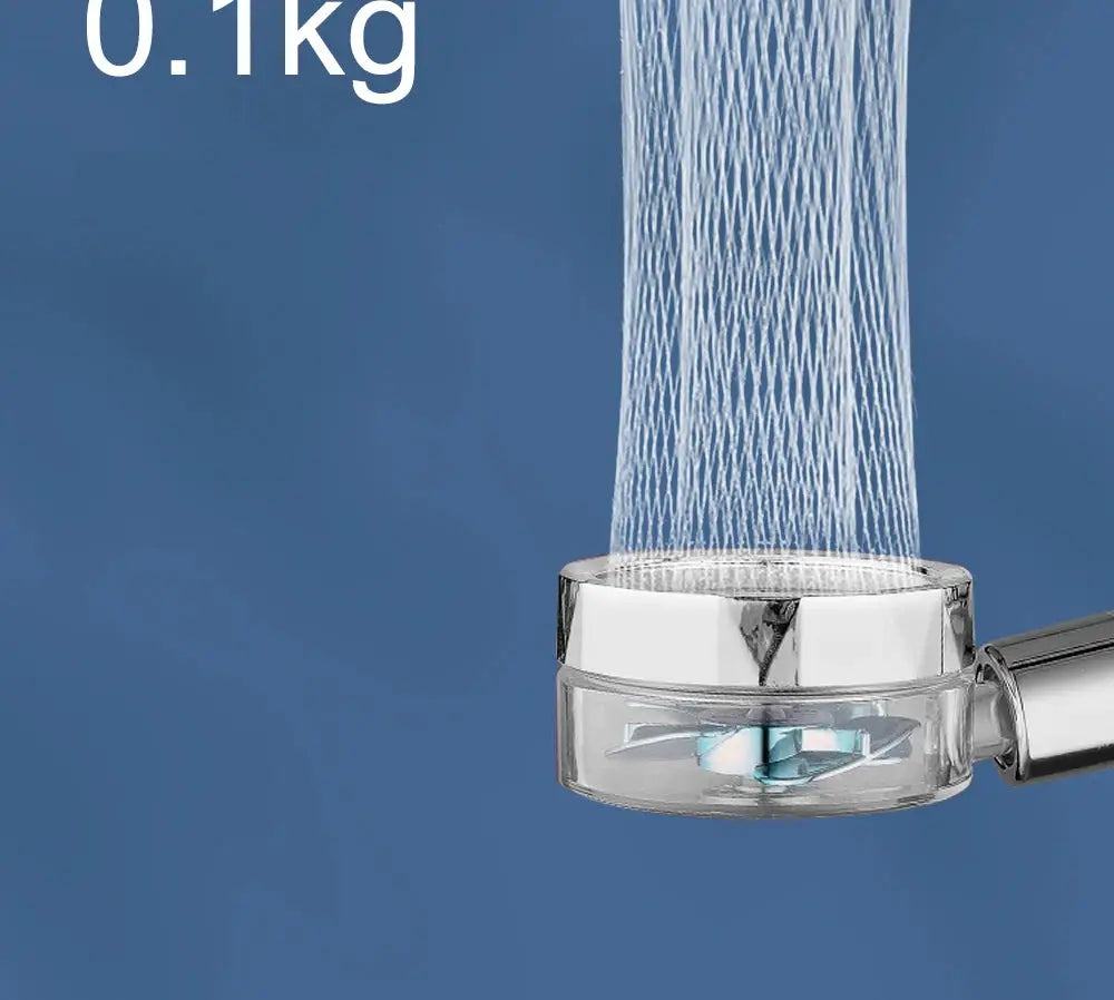 Handheld chrome shower head with built-in filter and visible inner components, water streams downward.