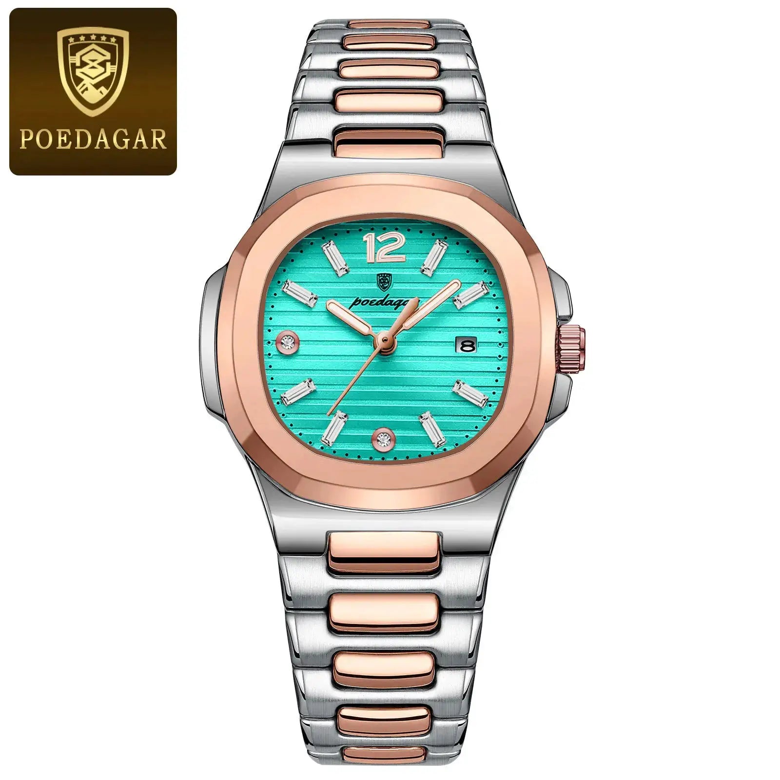 POEDAGAR two-tone stainless steel wristwatch with turquoise dial, rose-gold bezel, date window, luminous hands