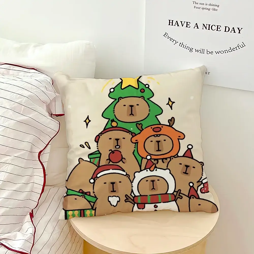 Capybara cartoon pillow case by Simples Market; beige square cushion with festive animals.
