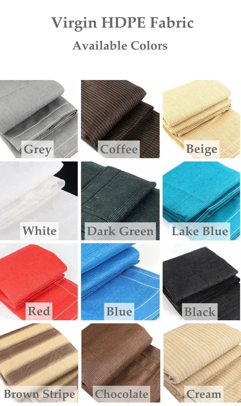 HDPE sun shade fabric swatches in 12 colors for pergola canopy and privacy nets.