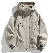Men's beige softshell windbreaker hooded jacket with zip chest pockets and front pockets