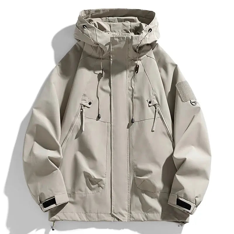 Men's beige softshell windbreaker hooded jacket with zip chest pockets and front pockets