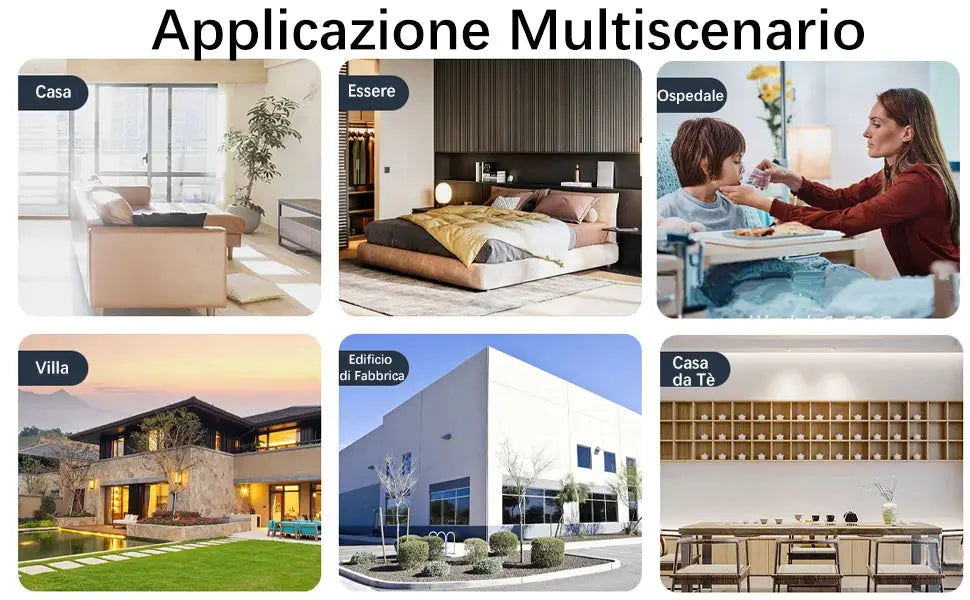 2-way wireless voice intercom system by Simples Market; collage of home, hospital, villa, factory and tea house settings.