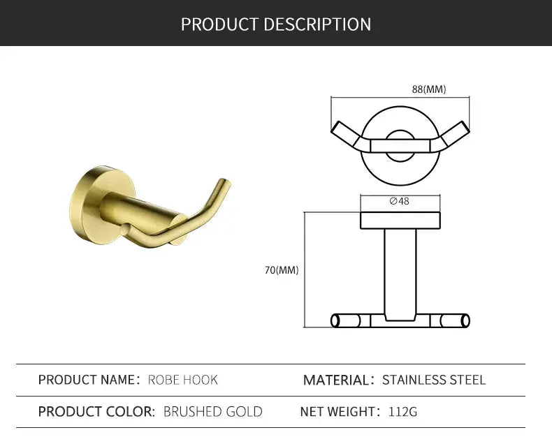 Robe hook in brushed gold, wall-mounted bathroom hardware.