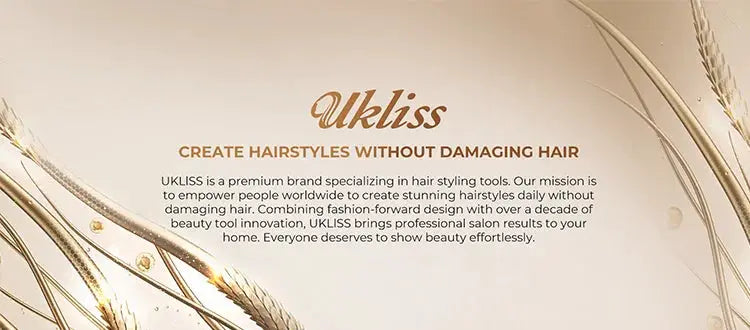 7 in 1 hair dryer brush on Ukliss banner with gold wheat decor and the Create Hairstyles Without Damaging Hair slogan