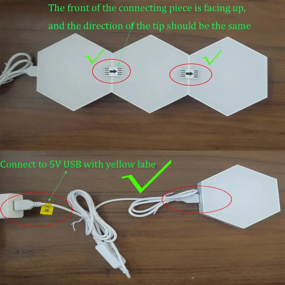 Simples Market RGB LED wall lamp with three connected white hex panels; USB powered.