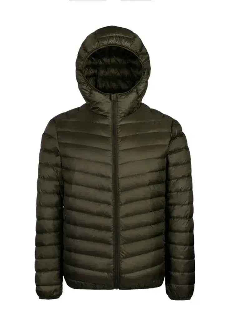Men's olive-green hooded down jacket with quilted panels and front zipper.