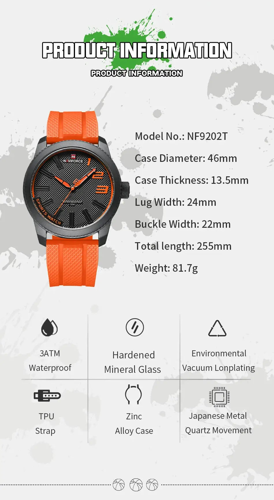 NAVIFORCE men's quartz watch with orange silicone strap, black textured dial, 46mm case, 30ATM water resistance