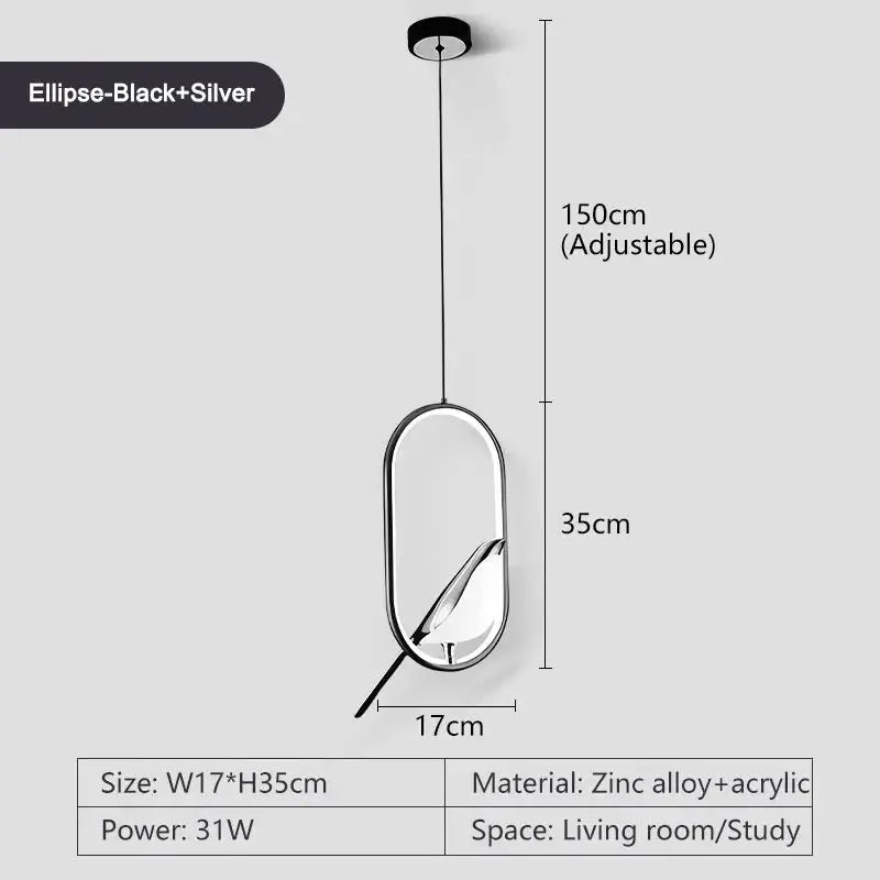 Rotatable magpie LED pendant light by Simples Market; silver/black zinc alloy + acrylic, hanging chandelier