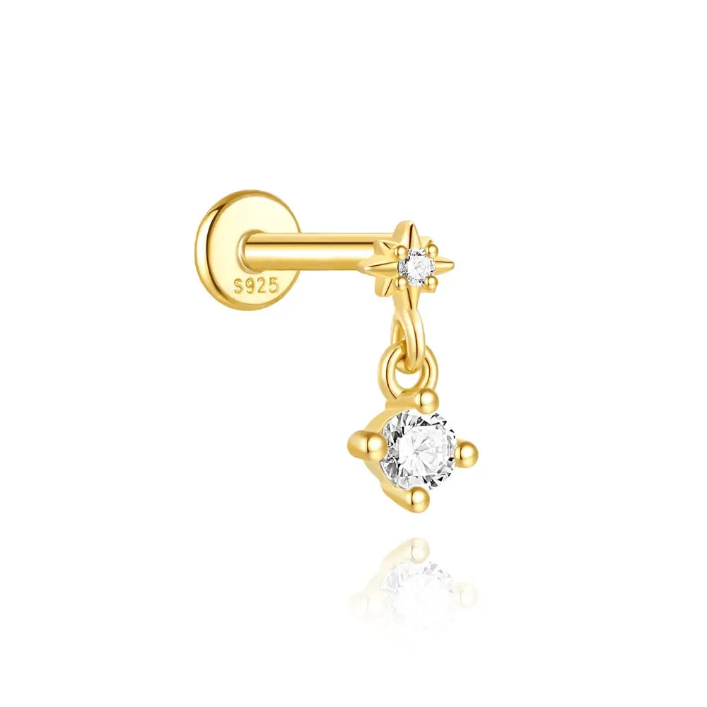 AIDE heart round ball flat helix piercing earring, gold-tone with star zircon top and dangling cubic zirconia pendant