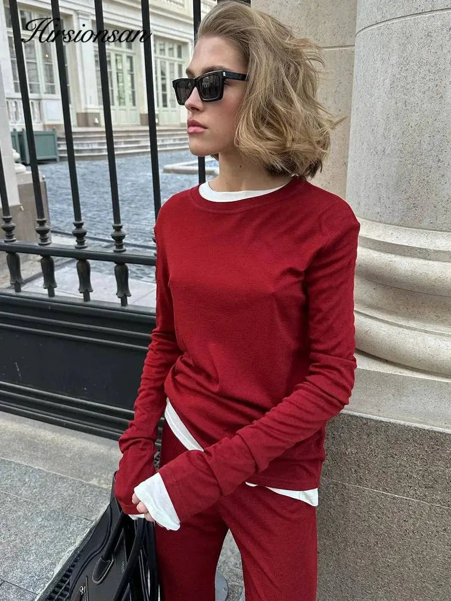 Hirsionsan Modal Soft Loose Set Women Long Sleeve Top High Waist Pants