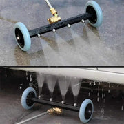 Simples Market 5000PSI water broom for car wash on a wheeled bar with blue wheels and two extension rods.