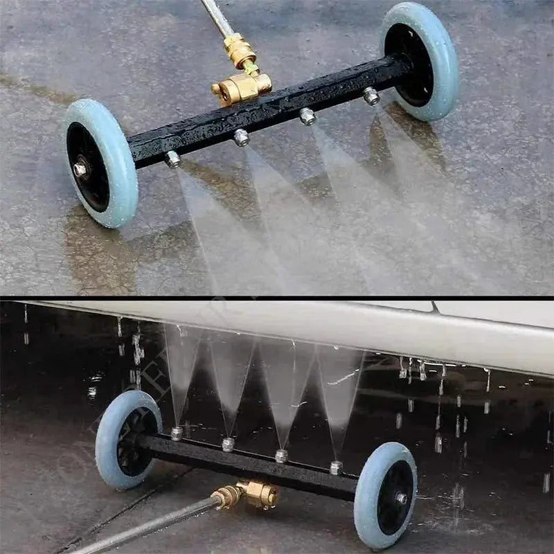 Simples Market 5000PSI water broom for car wash on a wheeled bar with blue wheels and two extension rods.