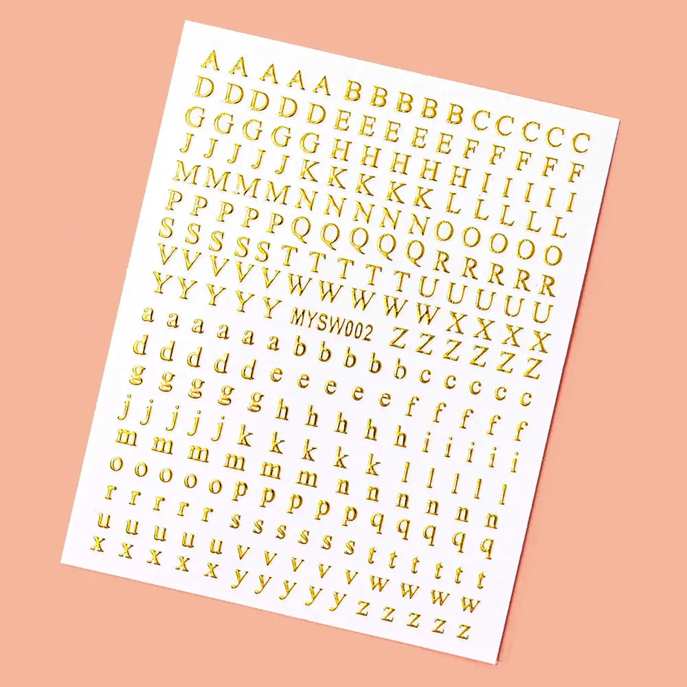 Gold laser 3D alphabet nail sticker sheet with A-Z letters, self-adhesive manicure decals, 8x10 cm