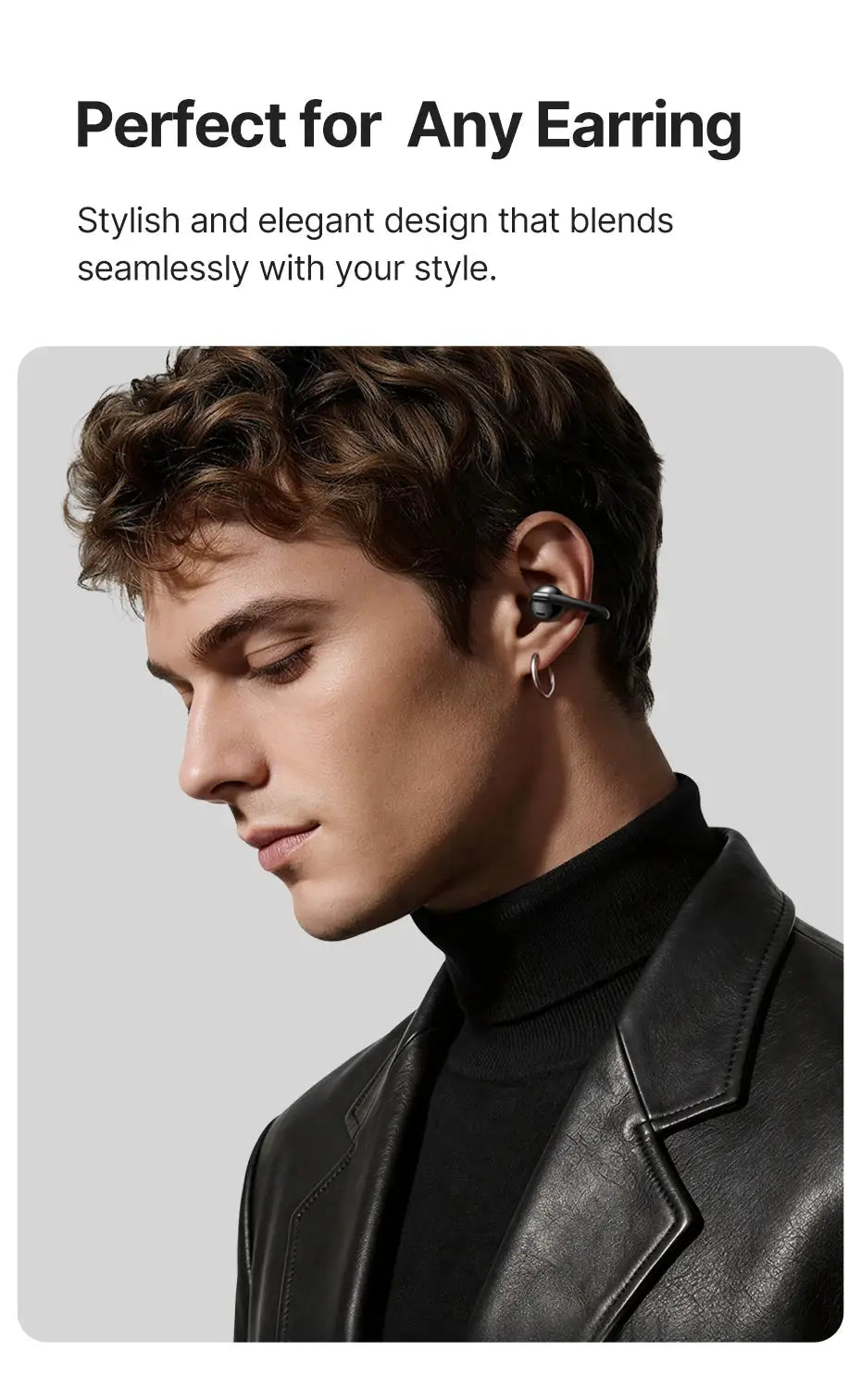 Baseus Bowie MC2 AIR clip-on TWS earbuds in black worn by a model with a black leather jacket