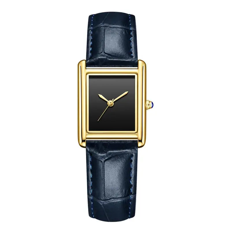 Simples Market rectangular gold-tone wristwatch with black dial and blue leather strap