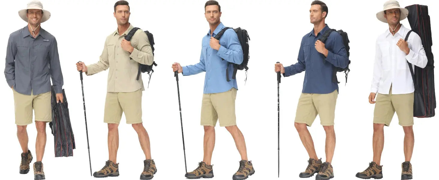 Simples Market men's long-sleeve fishing button-down shirts in 6 color options with UPF 50+ protection and zip pocket