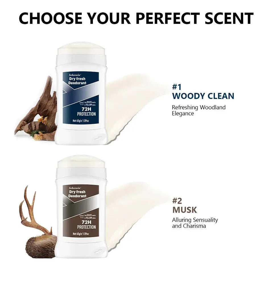 Men's deodorant sticks, two variants from Simples Market: blue-label Woody Clean and brown-label Musk
