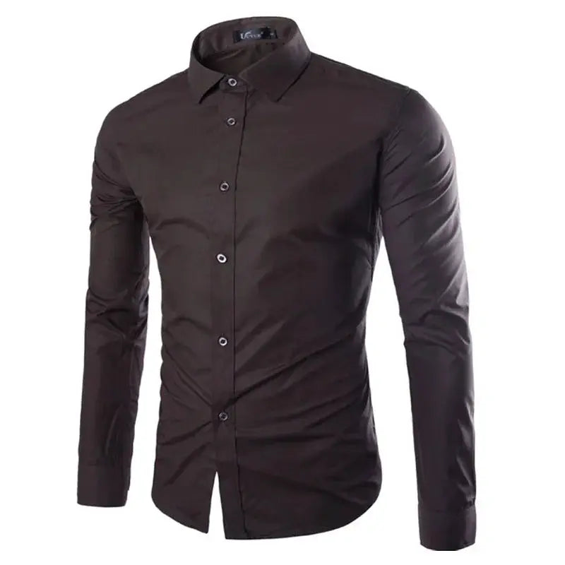 Simples Market men's long-sleeve solid color shirt in dark brown with button-down front