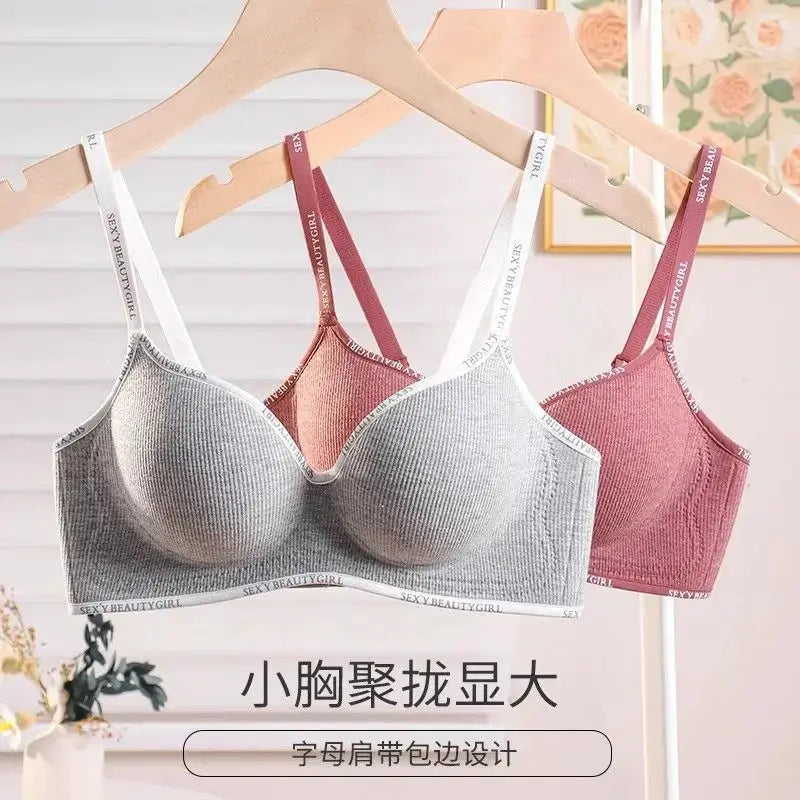 Three wireless push-up bras in gray, pink, and burgundy with adjustable printed SexyBeautyGirl straps.