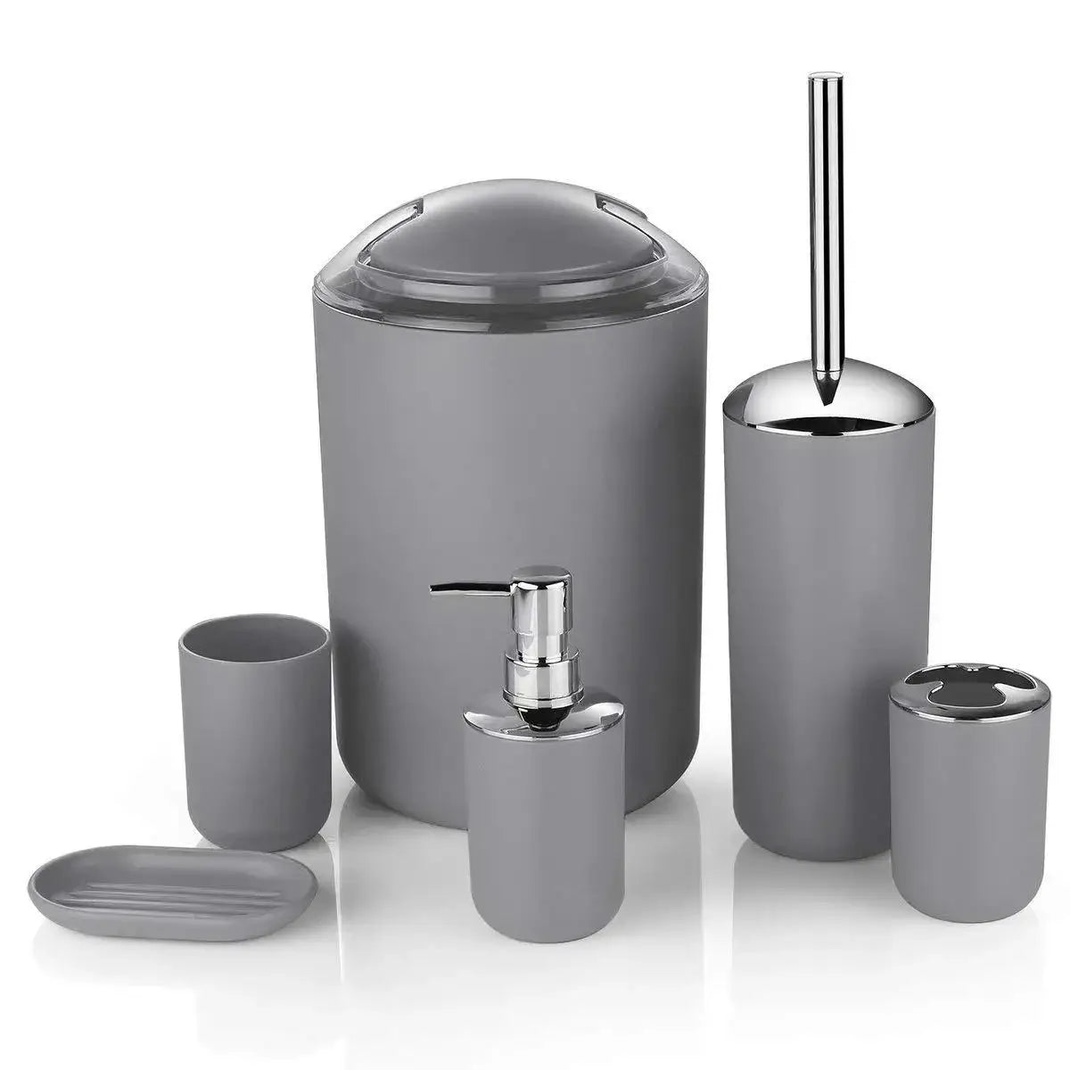 Simples Market luxury gray bathroom set, 6pcs: dispenser, toothbrush holder, toilet brush, trash can, soap dish, cup