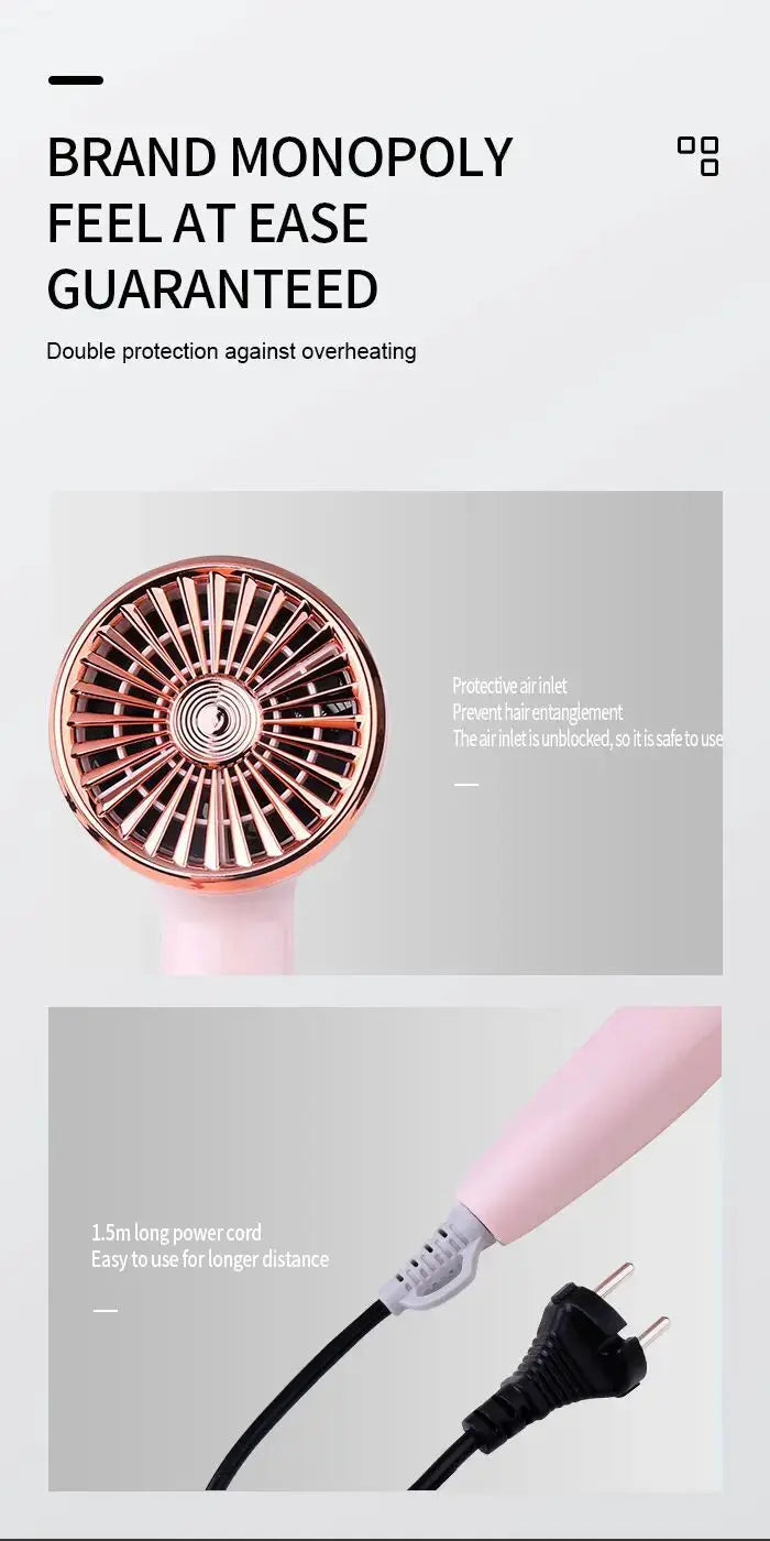Kemei portable hair dryer by Simples Market; pink handle, rose-gold head, foldable, 950W
