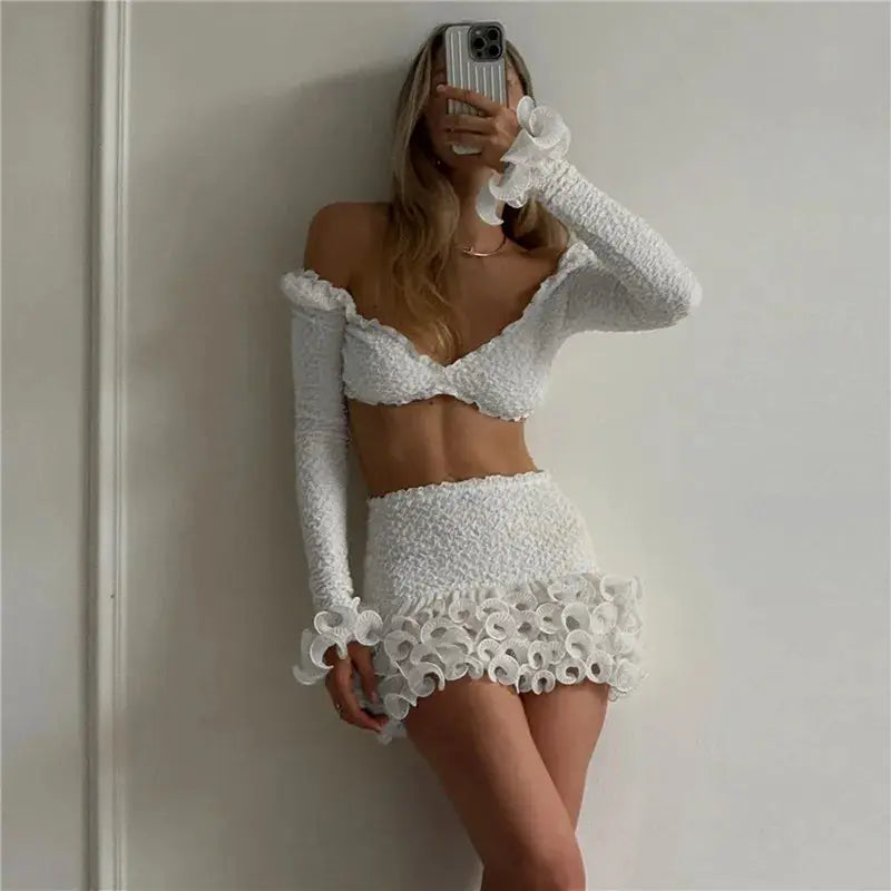Shestyle White Autumn Two Piece Set Ruffles Crop Top And Sheath Skirt