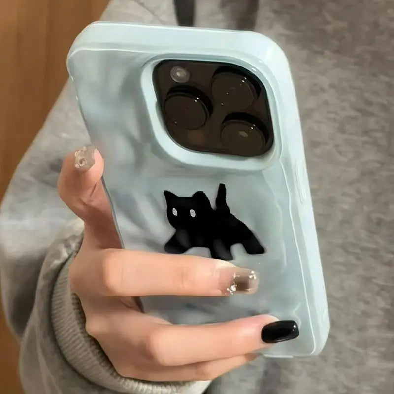 Phone case for iPhone, light blue with black fuzzy cat graphic, shockproof