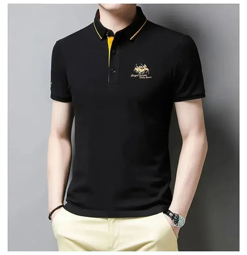Simples Market men's black polo shirt with embroidered crest, yellow-trim collar, short sleeves