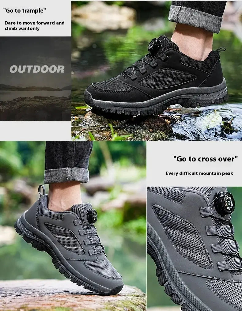 Men's outdoor hiking shoes in grey and black with a rotating buckle dial and rugged anti-slip outsole by Simples Market
