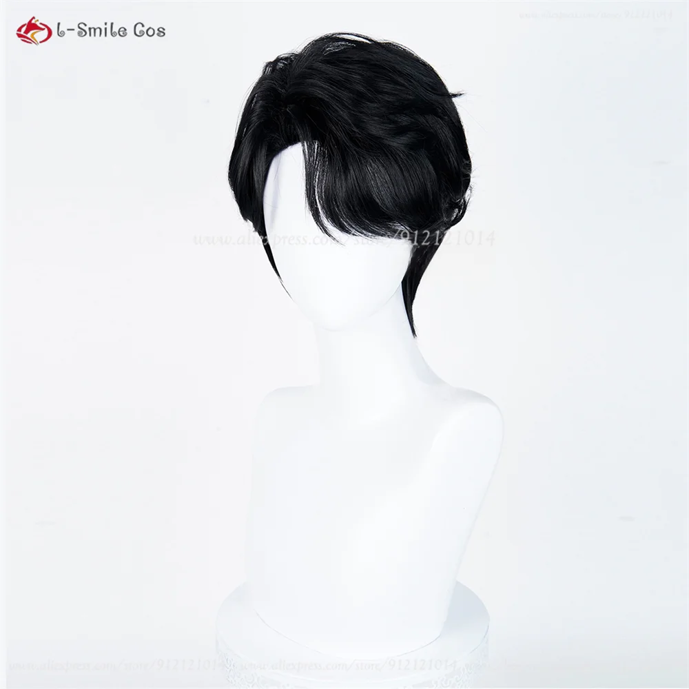 Anime cosplay wig, black short layered style on mannequin head, heat-resistant synthetic hair