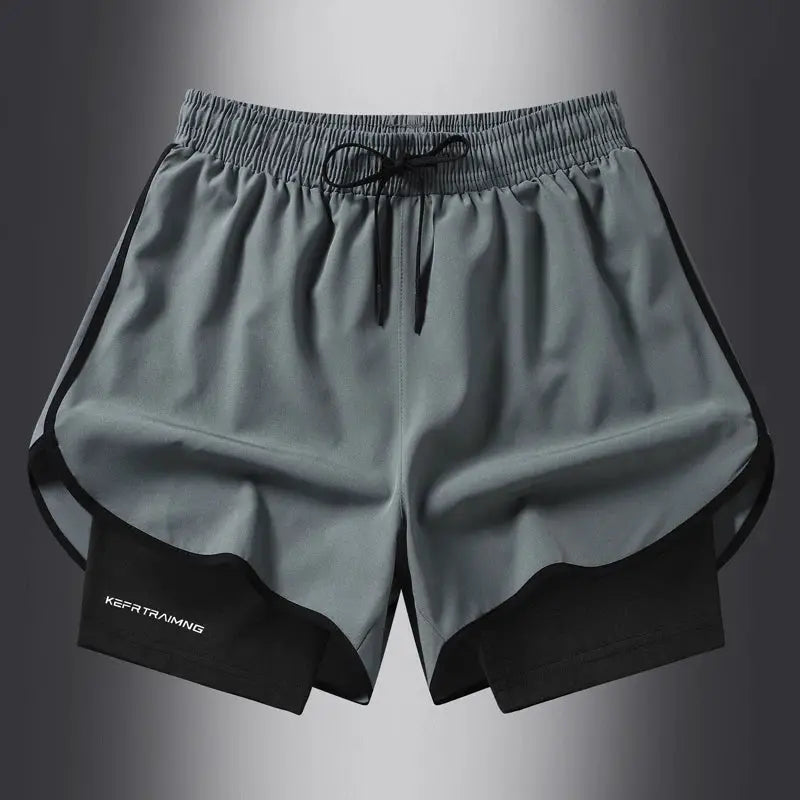 Running shorts in gray with black inner liner and drawstring waistband