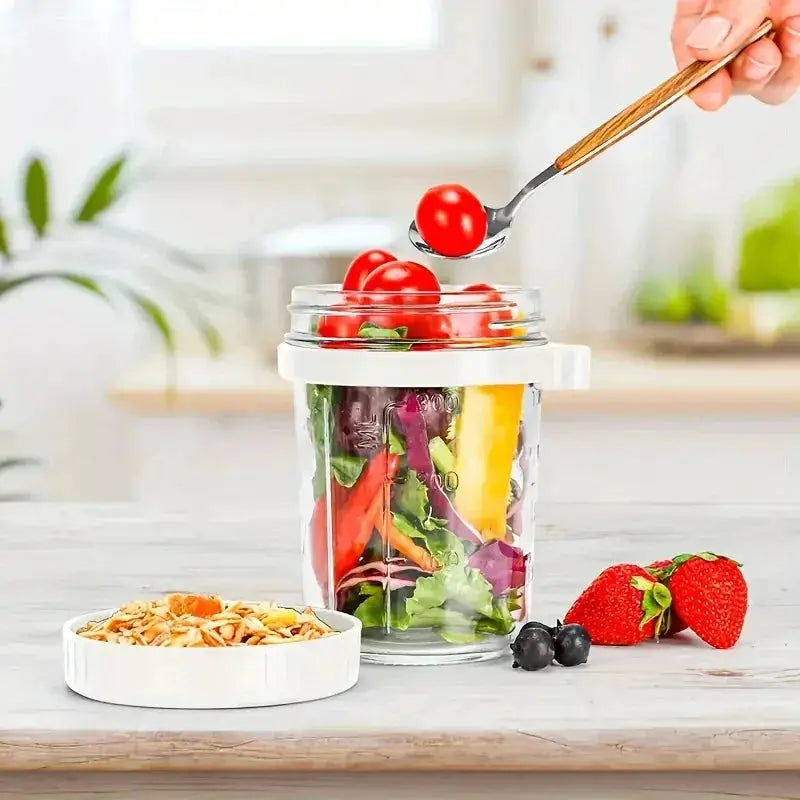 350ml Glass Overnight Oats Cup Portable With Lid And Integrated Spoon