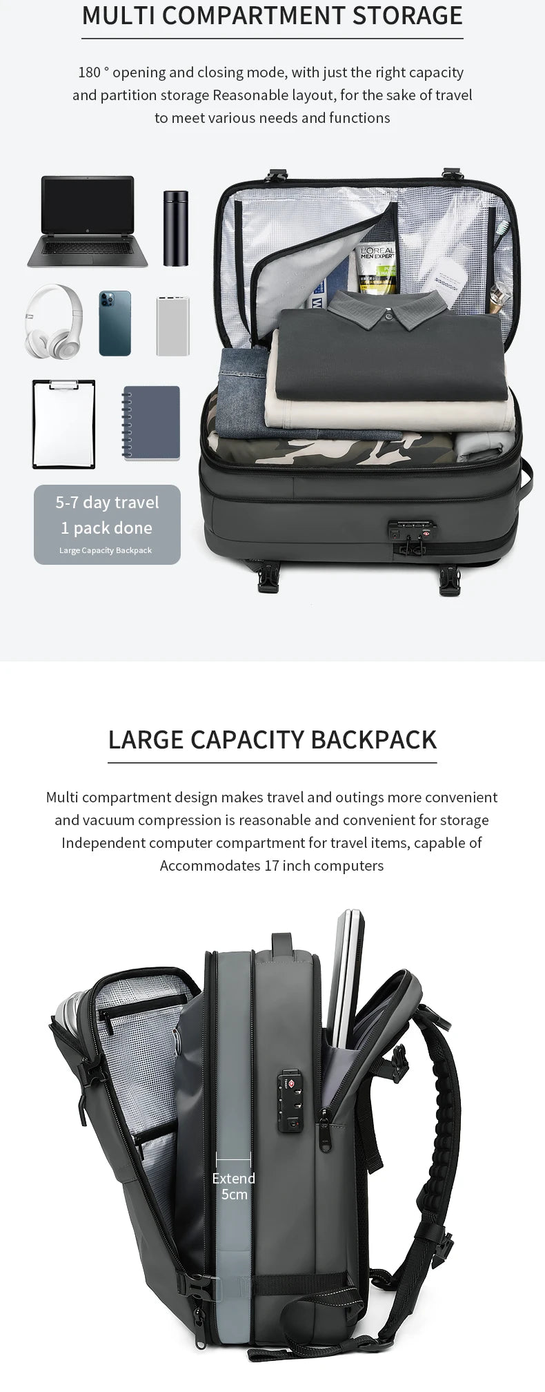 Simples Market men's travel backpack, dark gray, vacuum compression, fits 17-inch laptop, large capacity